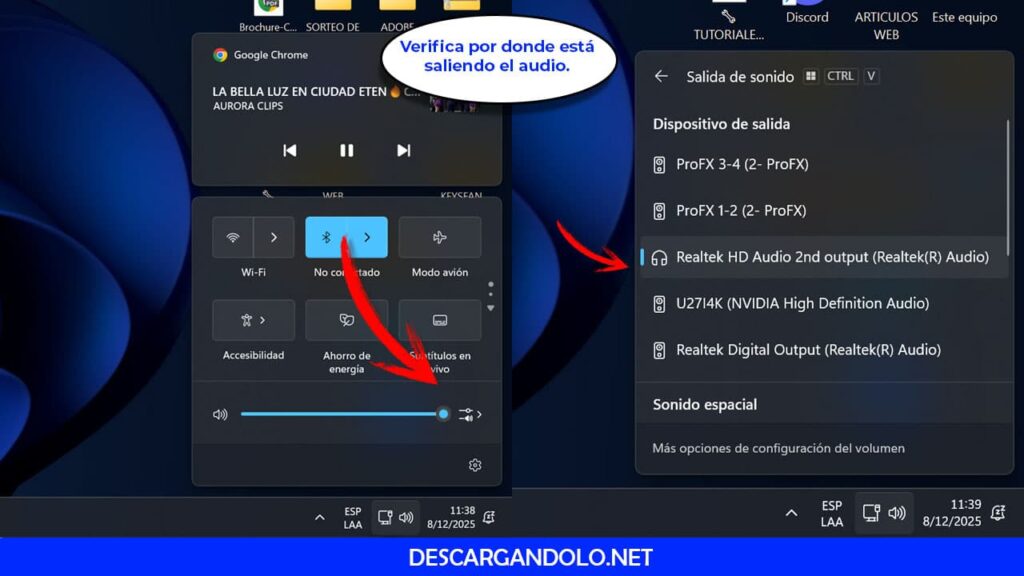 Verifica la salida de sonido y el volumen.