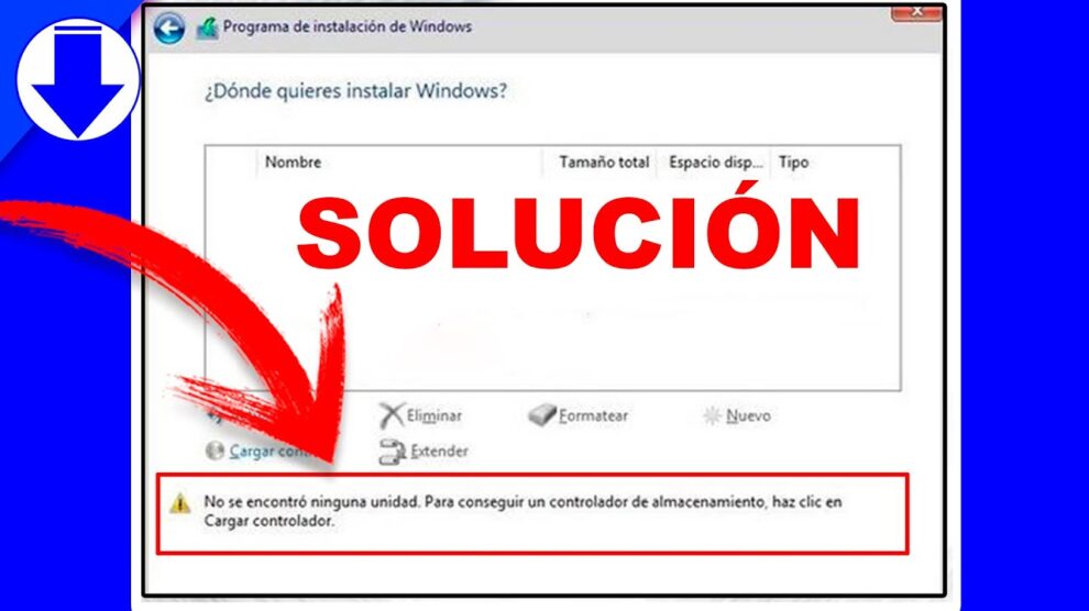 No se encontró ninguna unidad. Para conseguir un controlador de almacenamiento, haz clic en Cargar controlador