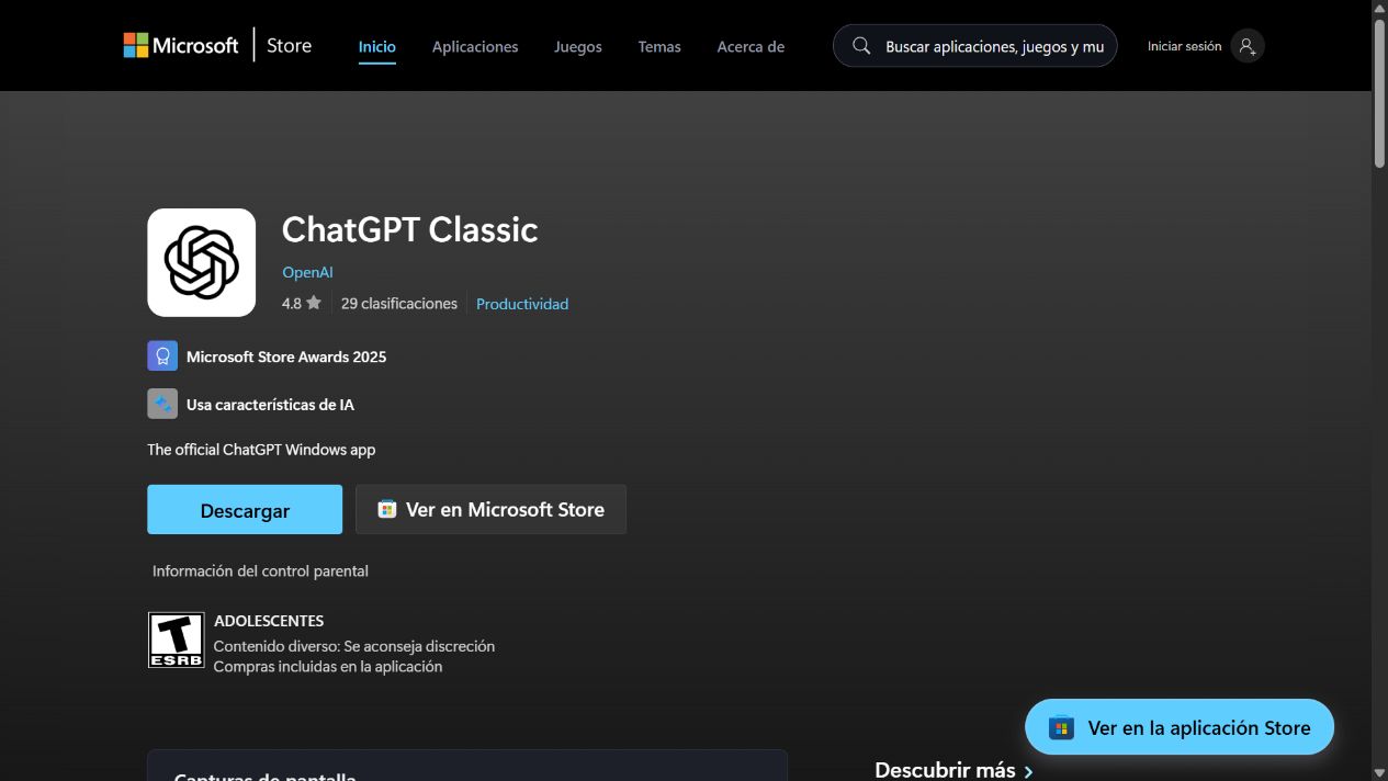Ficha de ChatGPT Classic en Microsoft Store, publicada por OpenAI