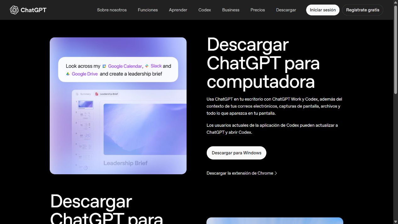 Página oficial de ChatGPT con el botón Descargar para Windows