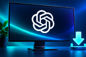 Computadora con el logo de ChatGPT en primer plano y una flecha de descarga