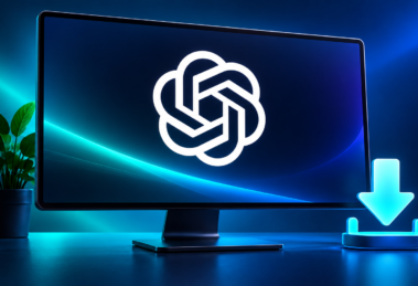 Computadora con el logo de ChatGPT en primer plano y una flecha de descarga