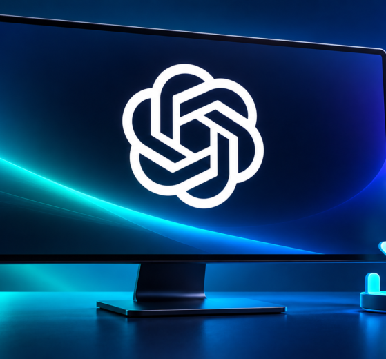 Computadora con el logo de ChatGPT en primer plano y una flecha de descarga