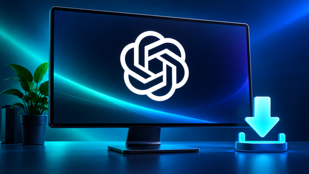 Computadora con el logo de ChatGPT en primer plano y una flecha de descarga