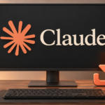 Computadora con el nombre y símbolo de Claude en primer plano y una flecha de descarga