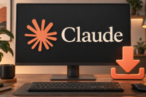 Computadora con el nombre y símbolo de Claude en primer plano y una flecha de descarga