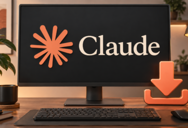 Computadora con el nombre y símbolo de Claude en primer plano y una flecha de descarga