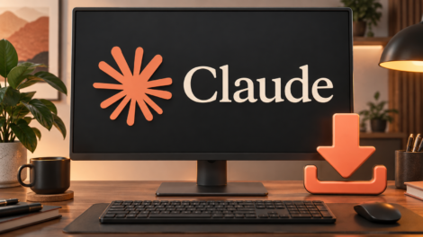 Computadora con el nombre y símbolo de Claude en primer plano y una flecha de descarga
