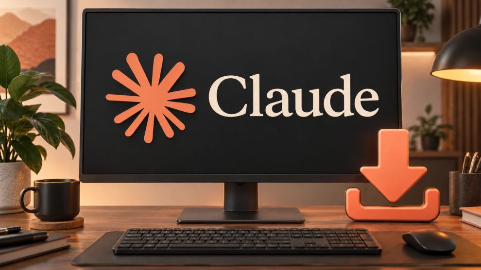 Computadora con el nombre y símbolo de Claude en primer plano y una flecha de descarga