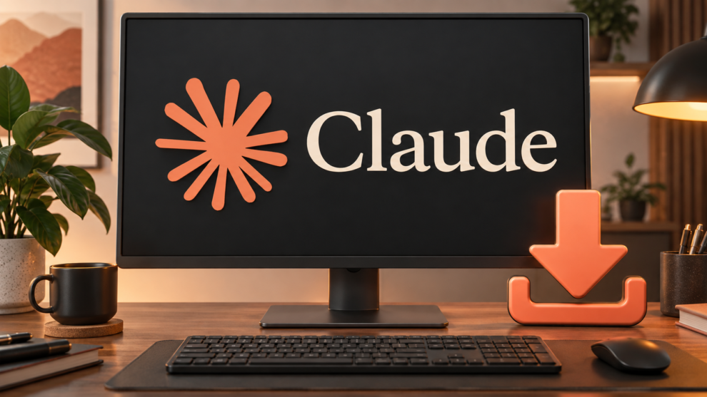 Computadora con el nombre y símbolo de Claude en primer plano y una flecha de descarga